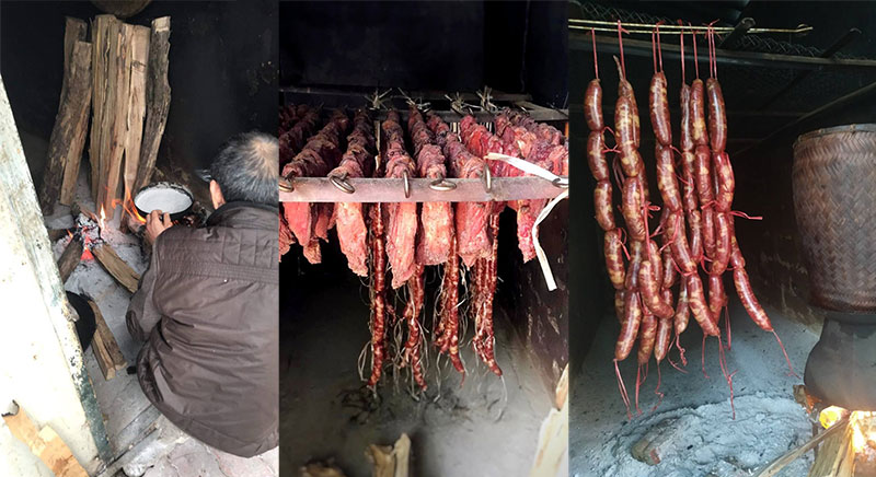 Bếp củi ngày đầu nhỏ xinh được ông Tâm tận dụng từ nhà kho để hong thịt